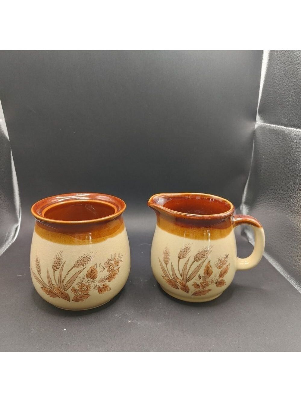 Stoneware Sugar and Creamer Set Wheat Pattern Pottery